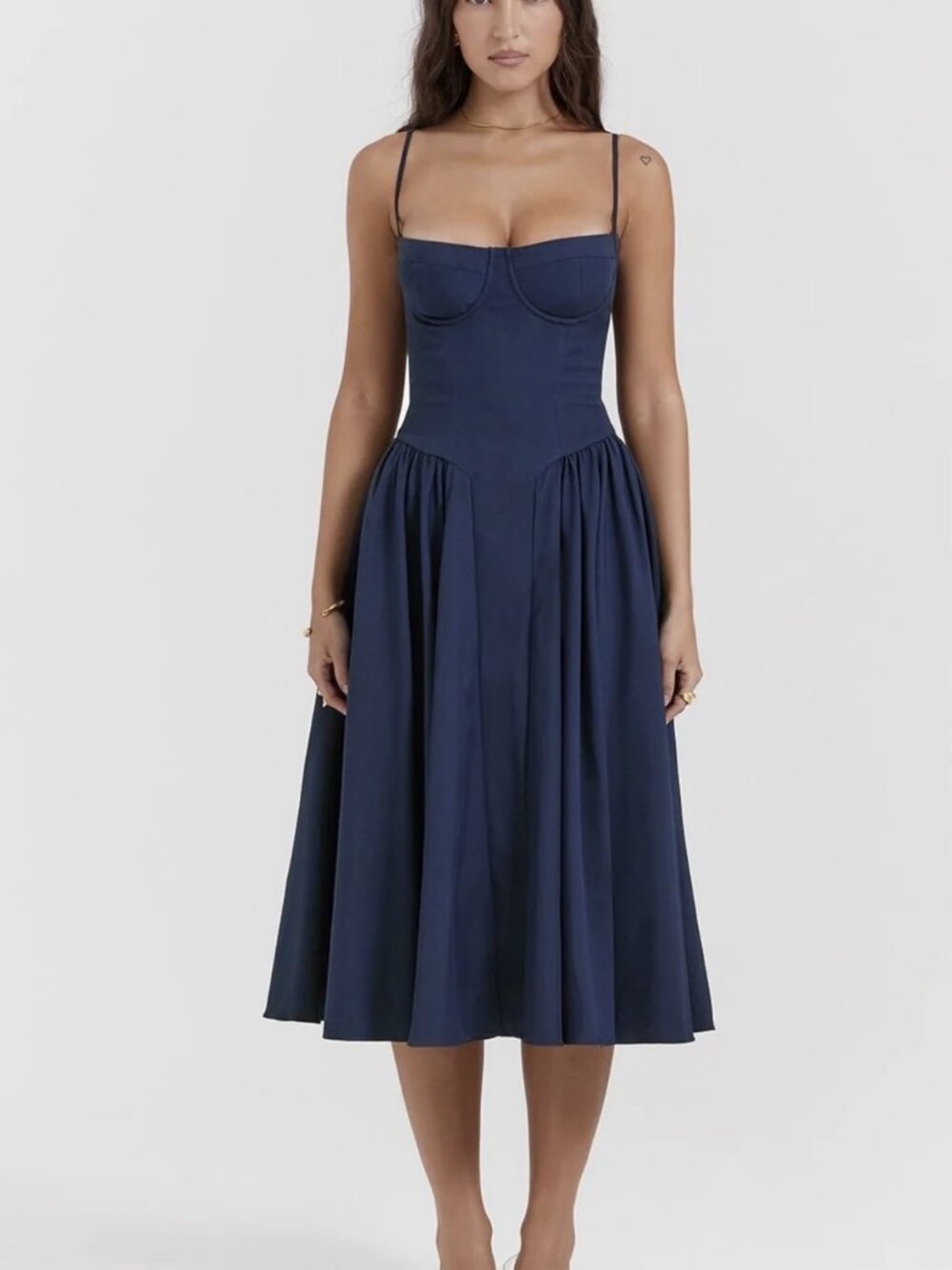 Unbranded Size 12 Women's Navy Blue Fit & Flare Midi Dress with Bustier Bodice a